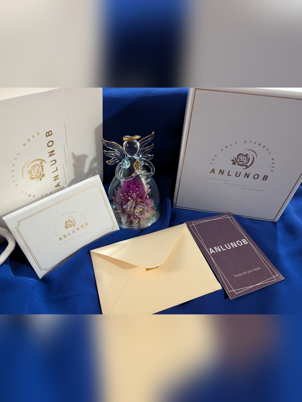 ANLUNOB Preserved Flower Angel Dome - Purple & Pink, In Original Box, Card & Bag